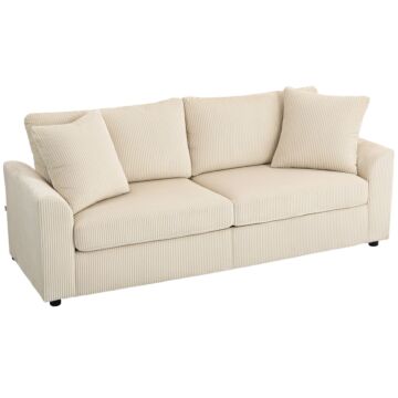 Homcom Modern 3 Seater Sofa With Spring Cushion, 212 Cm Fabric Jumbo Cord Sofa Couch With 2 Scatter Cushions, Upholstered Corduroy Settee For Living Room, Bedroom, Home Office, Cream White