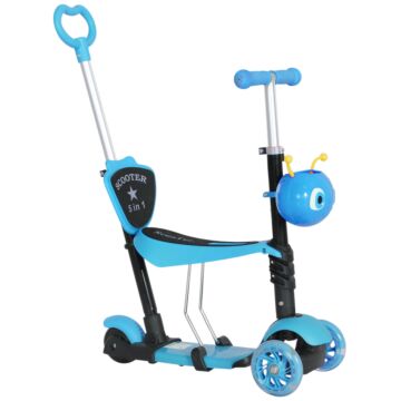Homcom 5-in-1 Kids Toddler 3 Wheels Mini Kick Scooter Push Walker With Removable Seat & Back Rest For Girls And Boys Blue