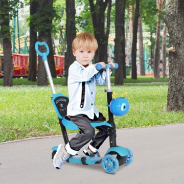 Homcom 5-in-1 Kids Toddler 3 Wheels Mini Kick Scooter Push Walker With Removable Seat & Back Rest For Girls And Boys Blue