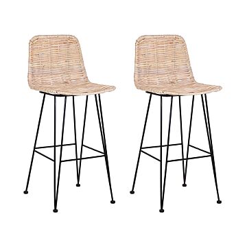 Set Of 2 Bar Chairs Sand Beige Rattan Wicker Black Metal Frame Rustic Indoor Boho Design Beliani