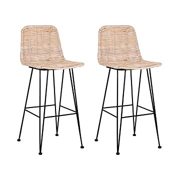 Set Of 2 Bar Chairs Sand Beige Rattan Wicker Black Metal Frame Rustic Indoor Boho Design Beliani