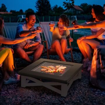 Outsunny Metal Large Firepit Outdoor 3 In 1 Square Fire Pit Brazier W/ Bbq Grill, Lid, Log Grate, Poker, Bonfire, 86 X 86 X 38cm, Black