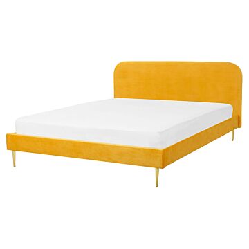 Bed Yellow Velvet Upholstery Eu King Size Golden Legs Headboard Slatted Frame 5.3 Ft Minimalist Design Beliani