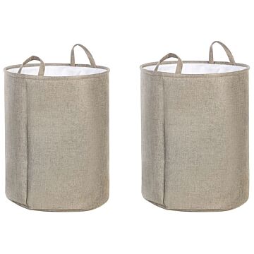 Set Of 2 Storage Basket Beige Polyester Cotton With Drawstring Cover Laundry Bin Practical Accessories Beliani