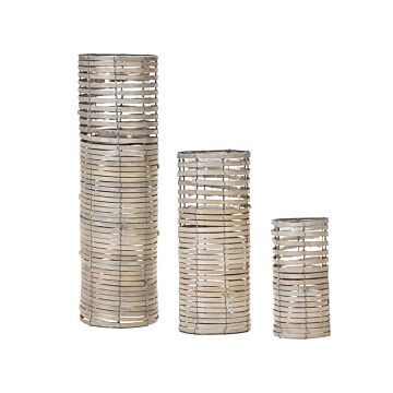 Set Of 3 Candleholders Light Poplar Wood Glass Holder Various Sizes Tall Square Boho Design Beliani