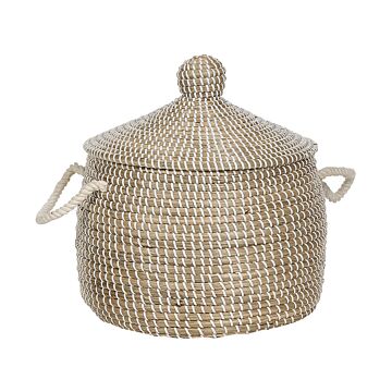 Basket Natural Seagrass With Handles Lid Handwoven Home Accessory Decor Storage Boho Style Beliani
