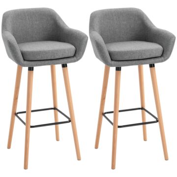 Homcom Set Of 2 Bar Stools Modern Upholstered Seat Bar Chairs W/ Metal Frame, Solid Wood Legs Living Room Dining Room Fabric Furniture - Grey