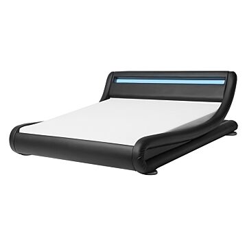 Platform Bed Frame Black Faux Leather Upholstered Led Illuminated Headboard 4ft6 Eu Double Size Sleigh Design Beliani