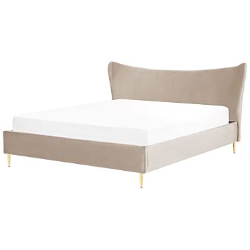 Eu King Size Bed Taupe Velvet 6ft Upholstered Frame Metal Legs Slatted Base Headboard Modern Glam Style Bedroom Beliani