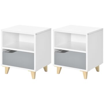 Homcom Modern Bedside Table, Side End Table With Shelf, Drawer And Wood Legs, 36.8cmx33cmx43.8cm, White And Grey