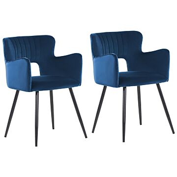 Set Of 2 Chairs Dining Chair Navy Blue Velvet With Armrests Cut-out Backrest Black Metal Legs Beliani