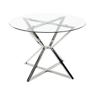 Dining Table Transparent And Silver Tempered Glass And Metal Legs ⌀ 105 Cm Glossy Finish Rectangular Glam Beliani