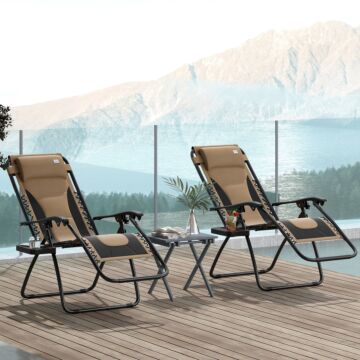 Outsunny Foldable Reclining Garden Chair Set Of 2, Zero Gravity Chairs With Padded Seat, Cup Holder, Adjustable Backrest, Pillow For Outdoor, Patio, Deck, Coffee