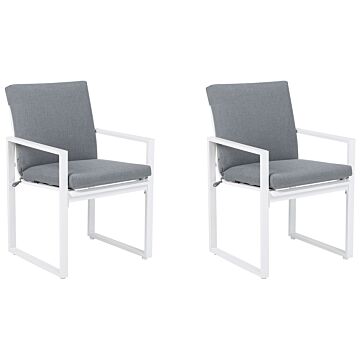 Set Of 2 Garden Chairs White Aluminium Frame Outdoor Dining Chair With Grey Cushion Beliani