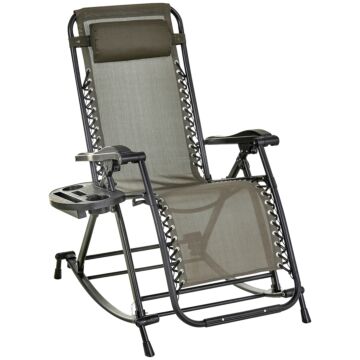 Outsunny Garden Rocking Chair Folding Recliner Outdoor Adjustable Sun Lounger Rocker Zero-gravity Seat With Headrest Side Holder Patio Deck - Grey