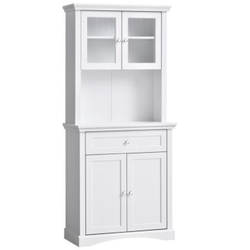 Homcom Kitchen Cupboard, Freestanding Storage Cabinet With Glass Doors, Adjustable Shelves, And Open Counter, White