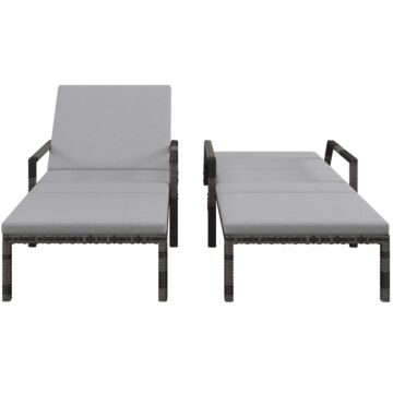 Outsunny Outdoor Pe Rattan Sun Lounger Set Of 2, Wicker Chaise Recliner Garden Chair With 5-level Adjustable Backrest And 2 Wheels, Grey