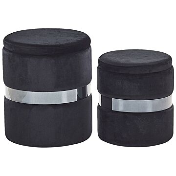 Set Of 2 Storage Pouffes Black Polyester Velvet Upholstery Footstool Glam Style Beliani