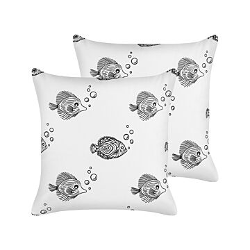Set Of 2 Scatter Cushions White Cotton 45 X 45 Cm For Kids Throw Pillows Black Print Motif Removable Cases With Polyester Filling Beliani
