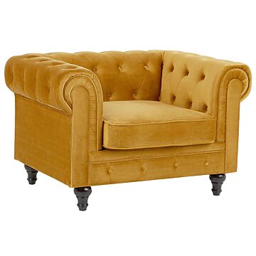 Chesterfield Armchair Yellow Velvet Fabric Upholstery Dark Wood Legs Contemporary Beliani