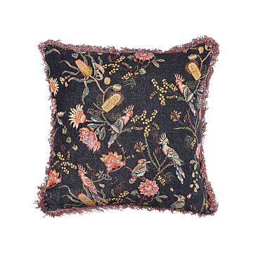 Decorative Cushion Black Pink Cotton 45 X 45 Cm Velvet Flower Motif Fringed Modern Glamour Decor Beliani