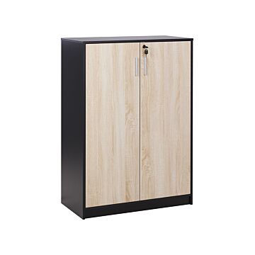 Storage Cabinet Light Wood With Black Particle Board Locker With 3 Shelves 2 Door Home Office Modern Beliani