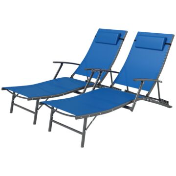 Outsunny Set Of 2 Folding Sun Loungers For Garden, 4 Positions Adjustable Outdoor Chaise Lounge Chairs With Armrests, Pillows, Steel Frame, Sunbed Recliners For Patio, Beach And Poolside, Blue