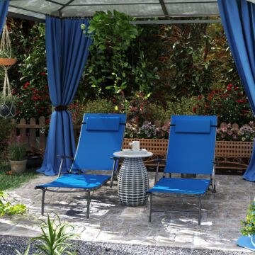 Outsunny Set Of 2 Folding Sun Loungers For Garden, 4 Positions Adjustable Outdoor Chaise Lounge Chairs With Armrests, Pillows, Steel Frame, Sunbed Recliners For Patio, Beach And Poolside, Blue