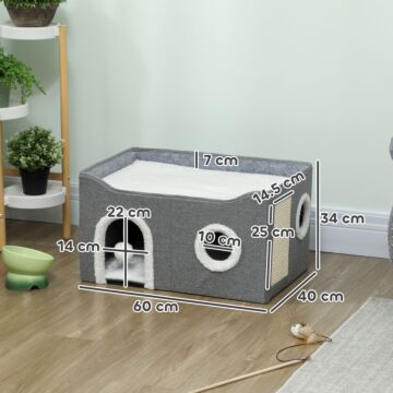 Pawhut Cat Bed For Indoor Pets, Foldable Cat House With Fluffy Ball And Scratch Pad For Small And Medium Pets, Grey