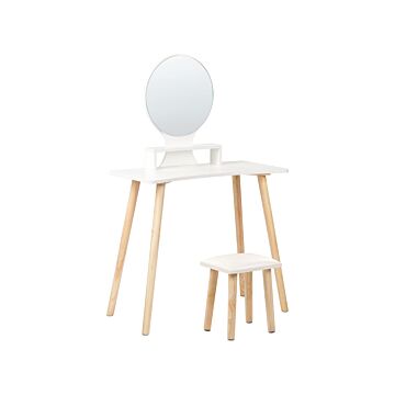 Dressing Table Set White Manufactured Wood Top Wooden Legs Round Mirror Beliani
