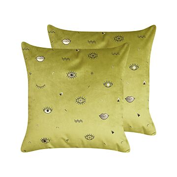 Set Of 2 Decorative Cushions Olive Green Velvet 45 X 45 Cm Eye Motif Glamour Decor Accessories Beliani