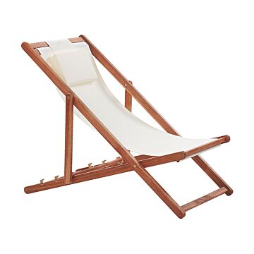 Garden Deck Chair Off-white Fabric Seat Headrest Cushion Reclining Folding Acacia Wood Frame Beliani