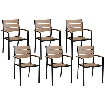 Set Of 6 Garden Dining Chairs Light Wood And Black Plastic Wood Slatted Back Aluminium Frame Outdoor Chairs Set Beliani