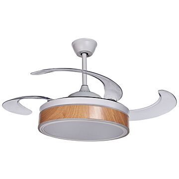 Ceiling Fan With Light Ventilator White Synthetic Material Iron Retractable Blades Remote Control Light Wood Grain Effect Modern Traditional Living Room Beliani