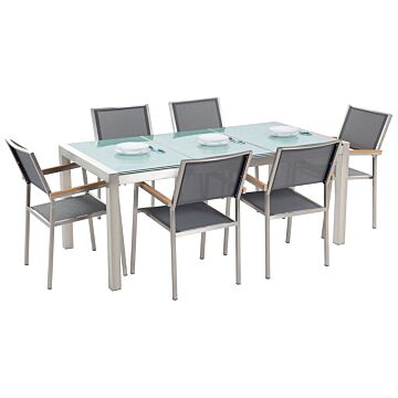 Garden Dining Set Grey With Cracked Glass Table Top 6 Seats 180 X 90 Cm Triple Plate Beliani