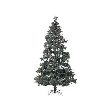 Artificial Snow Christmas Tree Green Pvc Metal Base 240 Cm With Pine Cones Holly Berries Frosted Branches Traditional Beliani