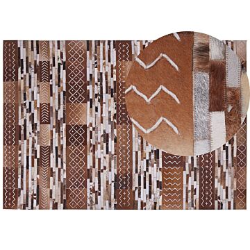 Cowhide Area Rug Brown Hair On Leather Patchwork Striped Scandinavian Patterns 160 X 230 Cm Beliani