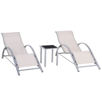 Outsunny 3 Pieces Lounge Chair Set Metal Frame Garden Outdoor Recliner Sunbathing Chair With Table, Cream