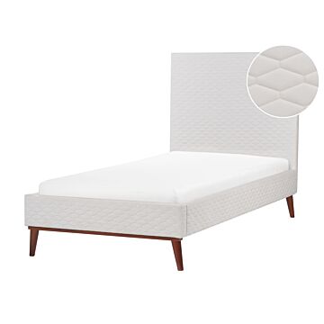 Eu Single Bed Off-white Velvet Fabric 3ft Upholstered Frame Headboard Honeycomb Quilted Modern Design Beliani