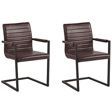 Set Of 2 Cantilever Chairs Faux Leather Brown Upholstered Chairs Modern Retro Dining Room Conference Room Beliani