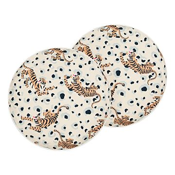 Set Of 2 Garden Cushions Multicolour Polyester ⌀ 40 Cm Round Tiger Pattern Motif Modern Design Throw Scatter Pillow Beliani