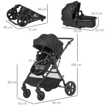 Homcom 2 In 1 Lightweight Pushchair W/ Reversible Seat, Foldable Travel Baby Stroller W/ Fully Reclining From Birth To 3 Years, 5-point Harness Black