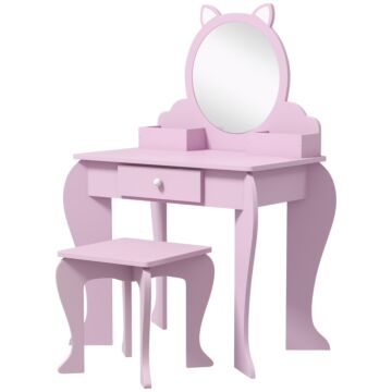 Zonekiz Kids Vanity Table With Mirror And Stool, Cat Design, Drawer, Storage Boxes, For 3-6 Years Old - Pink