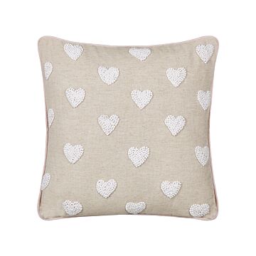 Scatter Cushion Beige Cotton 45 X 45 Cm Throw Pillow Embroidered Hearts Pattern Beliani