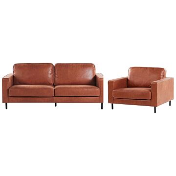 Sofa Set Golden Brown Faux Leather Polyester 3 Seater Sofa Armchair Retro Living Room Design Beliani