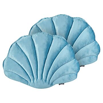 Set Of 2 Seashell Scatter Cushions Light Blue Velvet Scallop Shape Throw Pillow Decoration Marine Theme Textiles Beliani