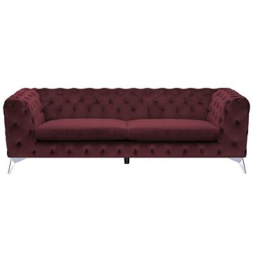 3 Seater Sofa Dark Red Velvet Chesterfield Style Low Back Beliani