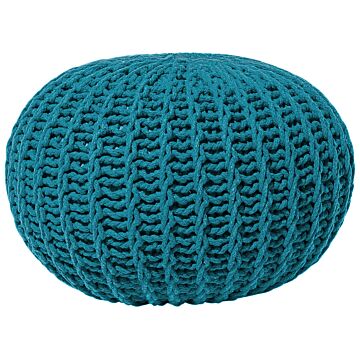 Pouf Ottoman Teal Blue Knitted Cotton Eps Beads Filling Round Small Footstool 50 X 35 Cm Beliani