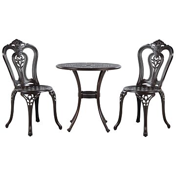 Bistro Set Brown Aluminium Garden Outdoor 2 Seater Table Ø 65 Cm 2 Chairs Vintage Beliani