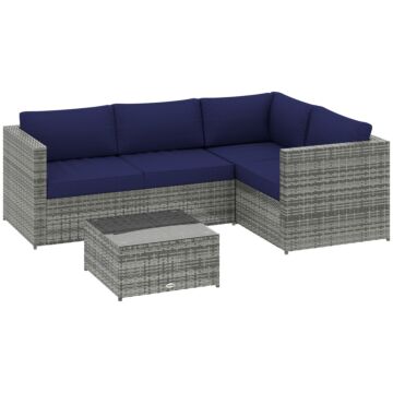 Outsunny 3 Pieces Pe Rattan Garden Furniture Set With 10 Cm Thick Cushions, 4 Seater Garden Corner Sofa Set With Glass Top Coffee Table, Outdoor Furniture For Patio, Porch, Blue